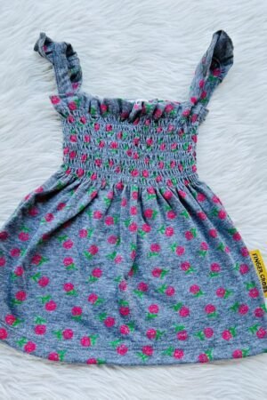 Dark grey With rose print frill frock ( 0 to 3 months )