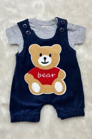 Bear Print Velvet Material Dungaree ( 6 to 9 months )