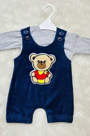 Bear Print Full hand Blue velvet Dungaree ( 12 to 18 months )