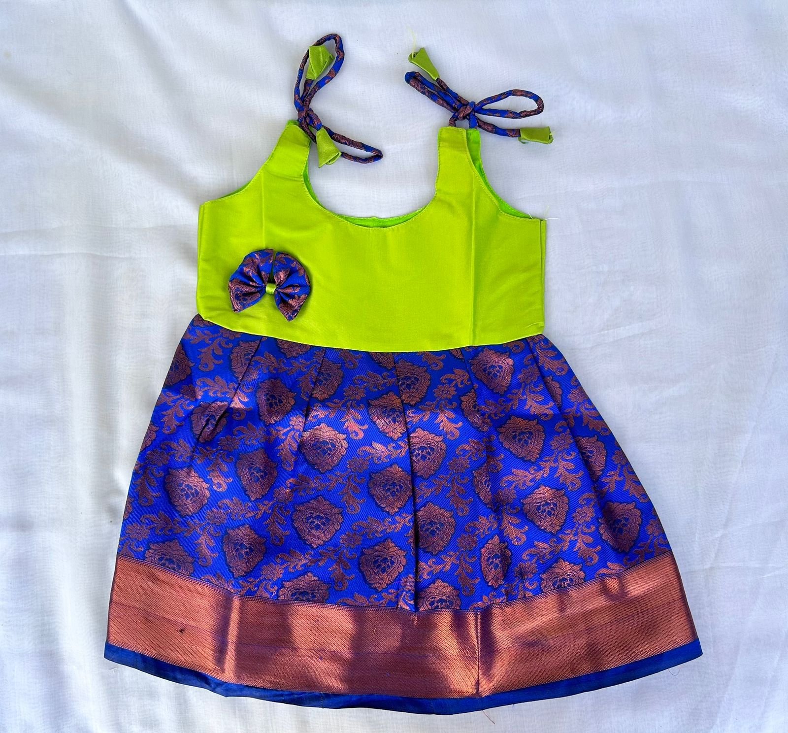 Green with Blue Pattu knot frock ( 6 to 12 months )