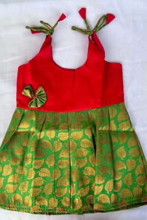 Red with green leaf Pattu knot frock ( 6 to 12 months )