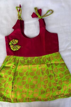 Pink with Light green leaf pattu knot frock ( 6 to 12 months )