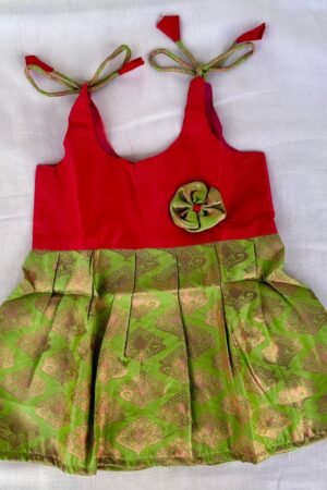 Red with Light green Pattu knot frock ( 6 to 12 months )