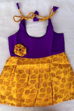 Violet with Yellow pattu knot frock ( 6 to 12 months )