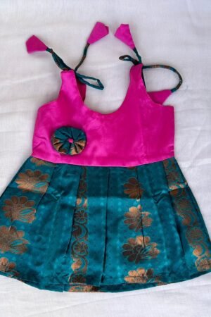 Pink with Green pattu knot frock ( 0 to 6 months )