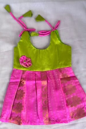 Green with Pink Pattu Knot frock ( 0 to 6 months )