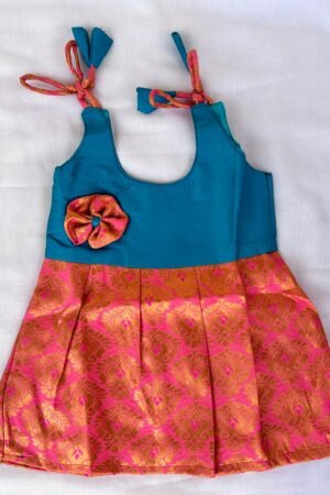 Green With peach Pattu Knot Frock ( 0 to 6 months )