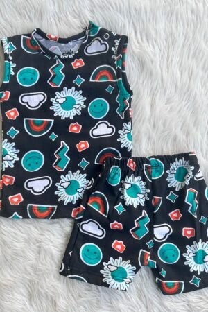 Black sun print t shirt and shorts set