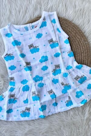 Blue cloud teddy Print Muslin frocks ( 6 to 12 months )