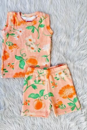 Orange flower print Sleeveless T shirt set